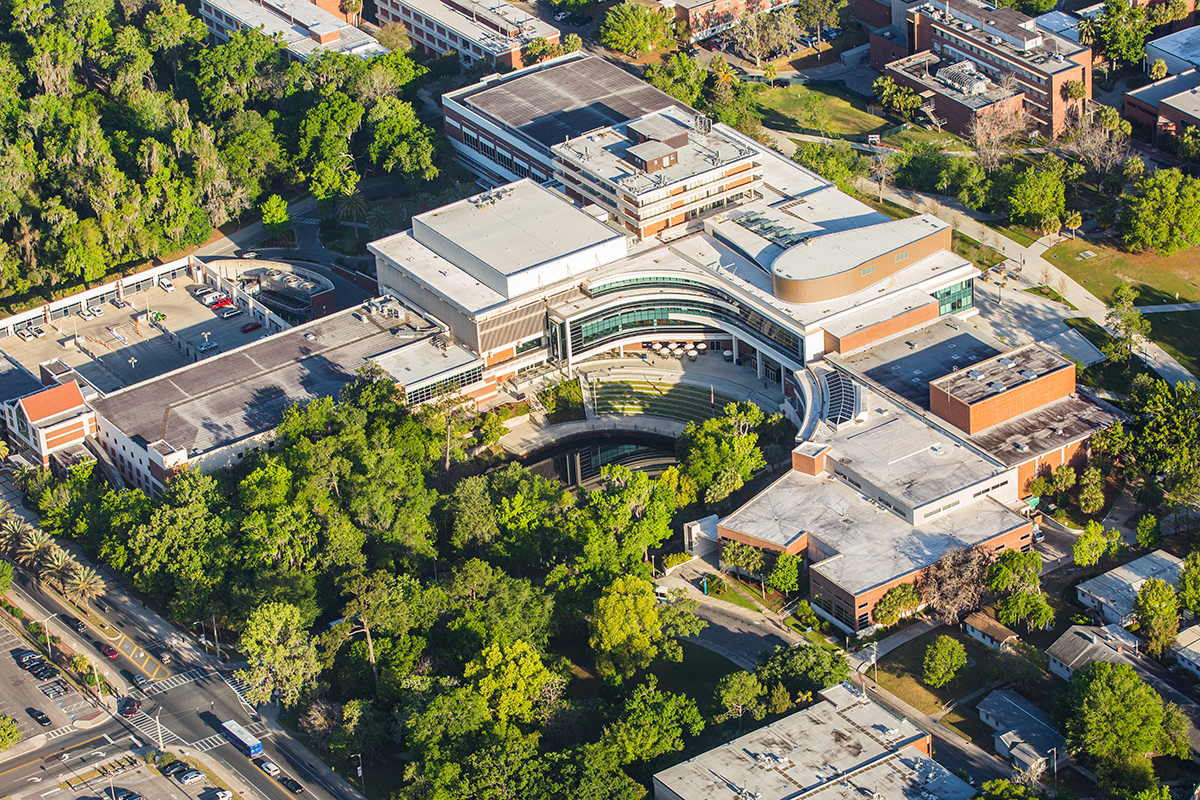 An aerial drone view of the Reitz Union.