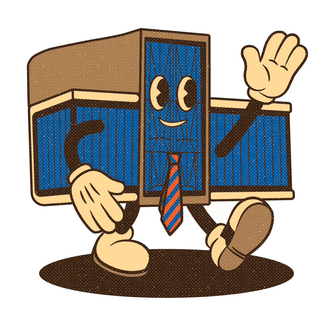 A vintage-style cartoon character of the Reitz Union wearing a stand-up and holler tie, smiling and waving.