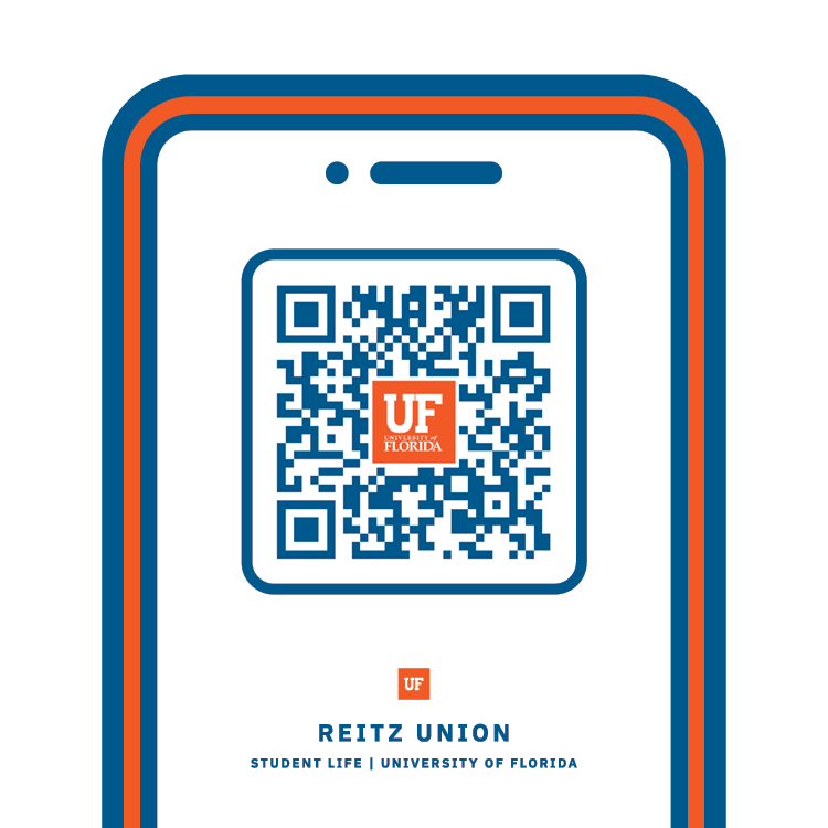 An illustrated phone with a UF QR code that links to the SMS sign up form.